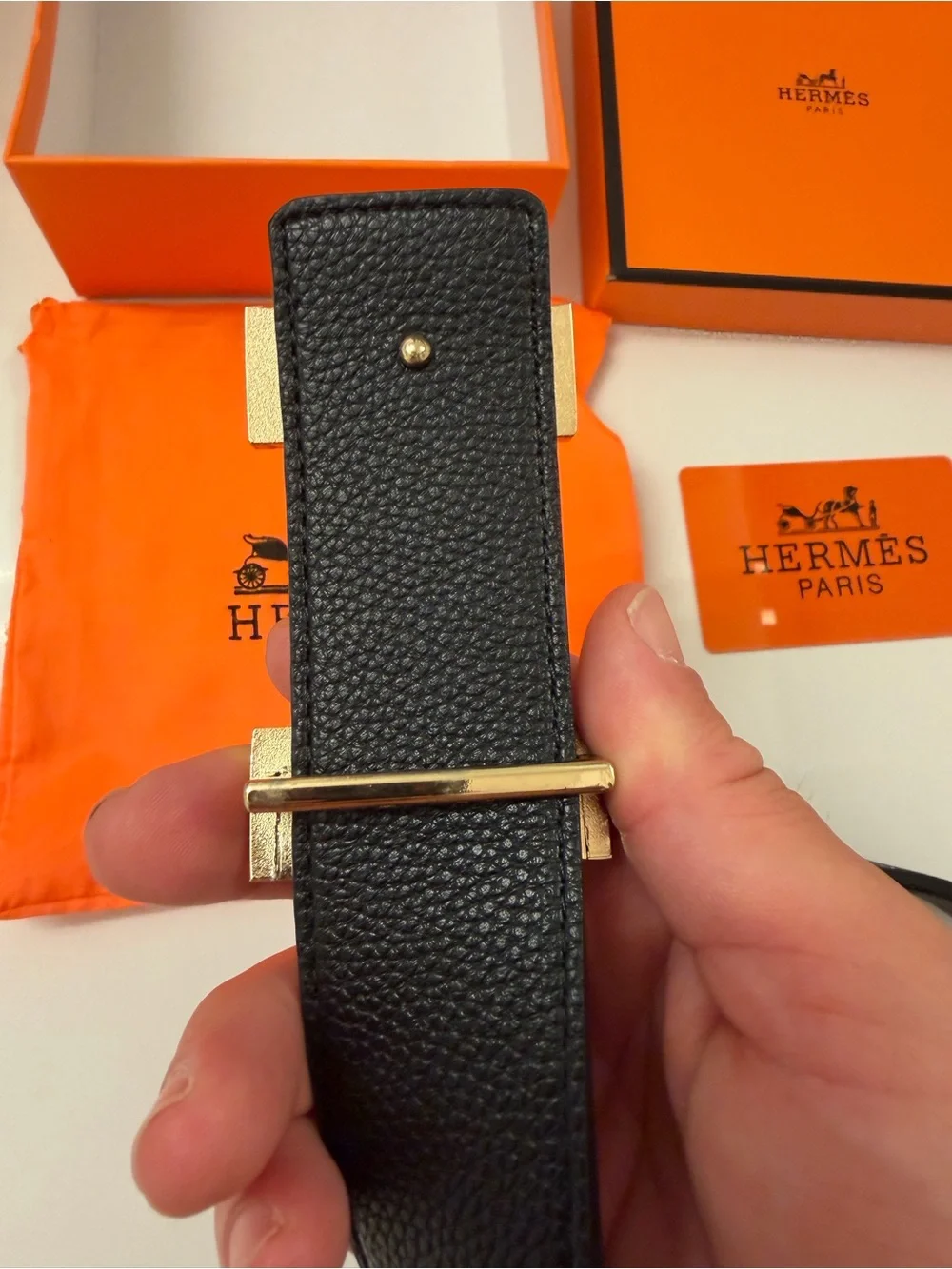 Hermès Black Leather H Buckle Belt Gold Hardware w/ Box
